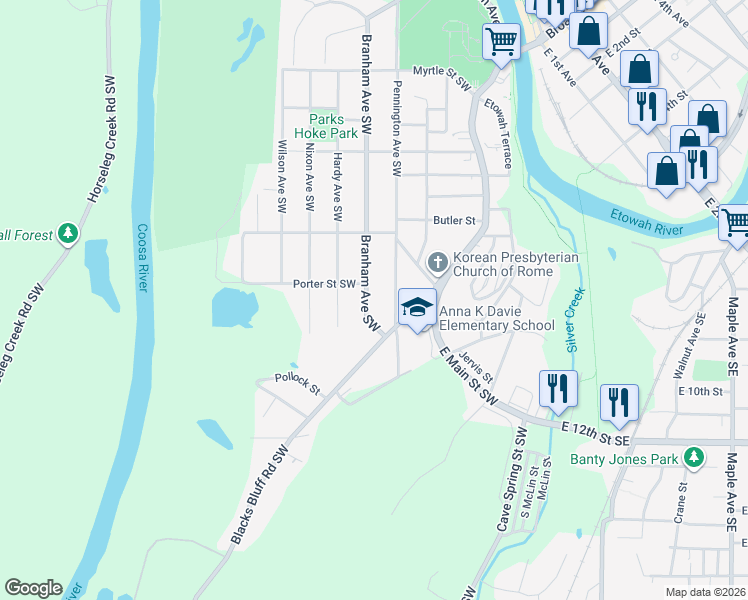 map of restaurants, bars, coffee shops, grocery stores, and more near 618 Pennington Avenue Southwest in Rome