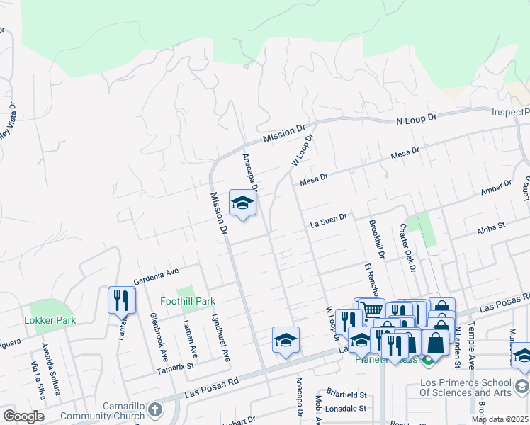 map of restaurants, bars, coffee shops, grocery stores, and more near 526 Anacapa Drive in Camarillo