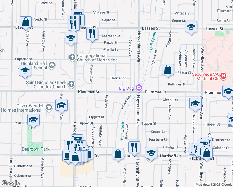 map of restaurants, bars, coffee shops, grocery stores, and more near 9515 Ruffner Avenue in Los Angeles