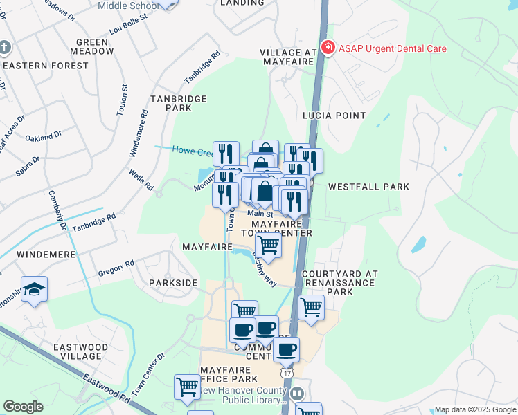 map of restaurants, bars, coffee shops, grocery stores, and more near 6831 Main Street in Wilmington