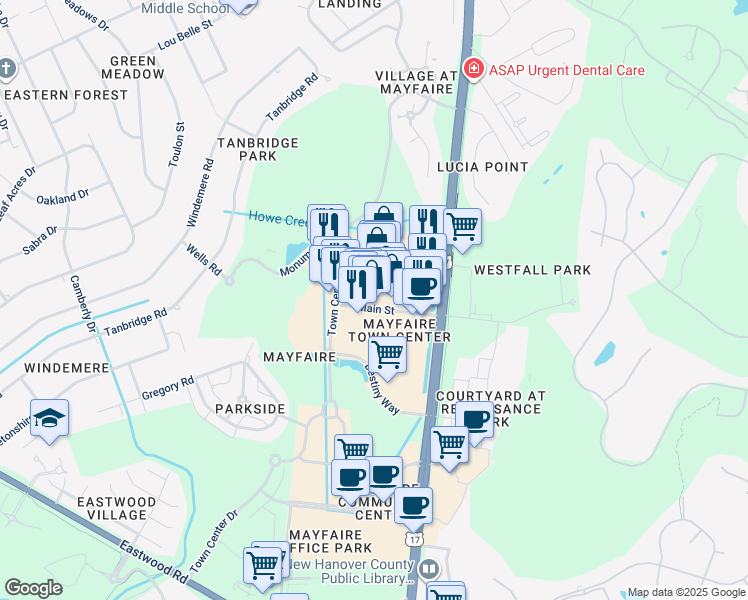 map of restaurants, bars, coffee shops, grocery stores, and more near 6831 Main Street in Wilmington
