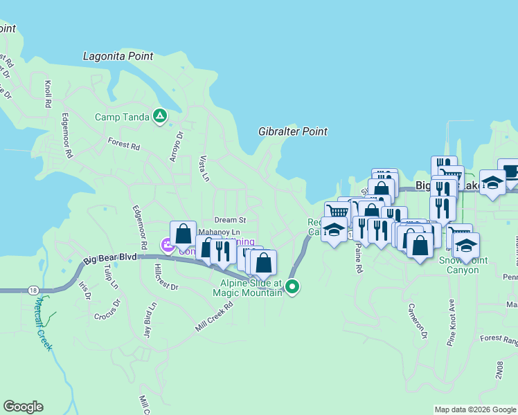 map of restaurants, bars, coffee shops, grocery stores, and more near 40264 Bonita Lane in Big Bear Lake