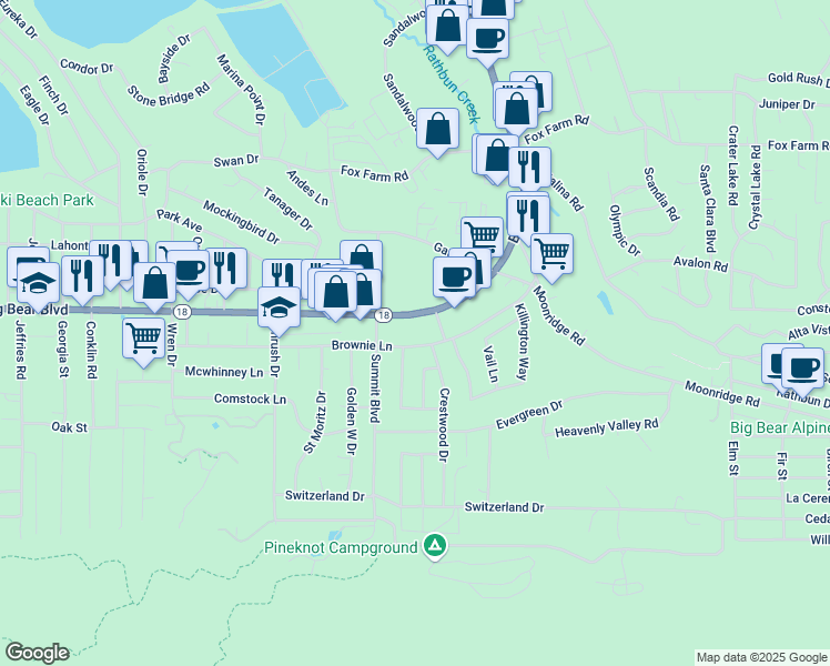 map of restaurants, bars, coffee shops, grocery stores, and more near in Big Bear Lake