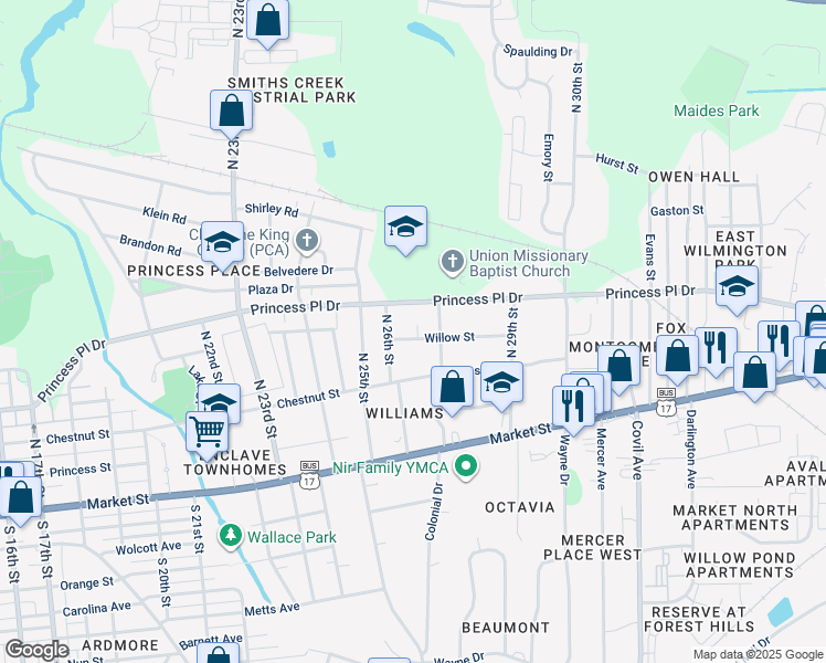 map of restaurants, bars, coffee shops, grocery stores, and more near 2613 Willow Street in Wilmington