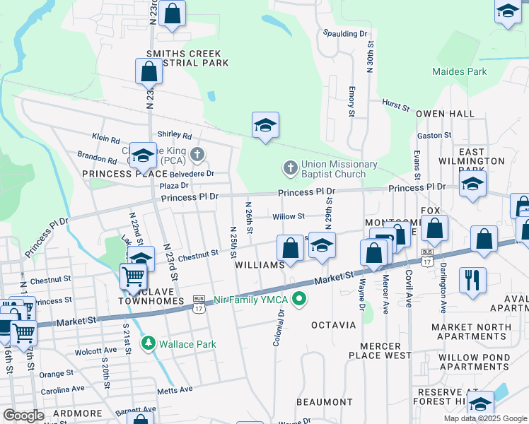 map of restaurants, bars, coffee shops, grocery stores, and more near 2613 Willow Street in Wilmington