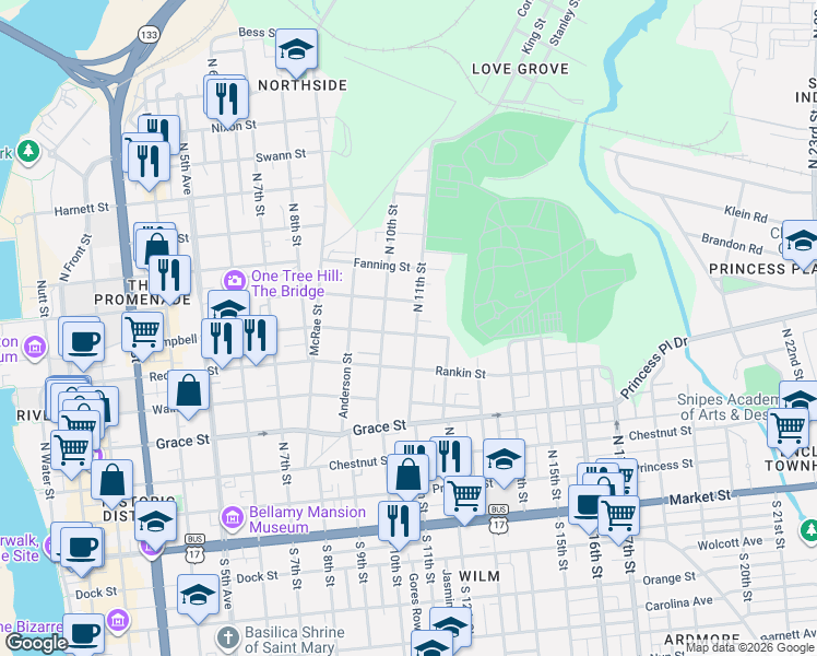 map of restaurants, bars, coffee shops, grocery stores, and more near 1004 Hanover Street in Wilmington