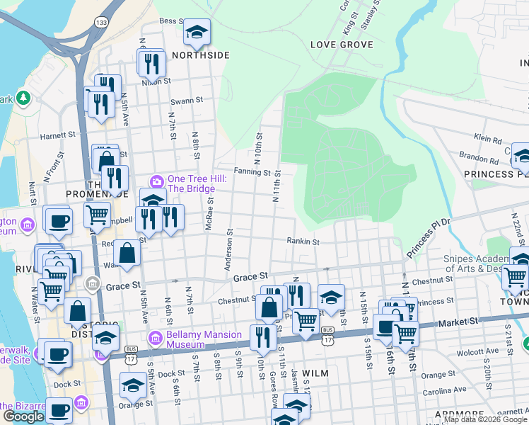 map of restaurants, bars, coffee shops, grocery stores, and more near 616 North 10th Street in Wilmington