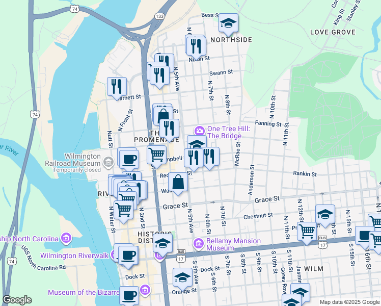 map of restaurants, bars, coffee shops, grocery stores, and more near 625 North 6th Street in Wilmington