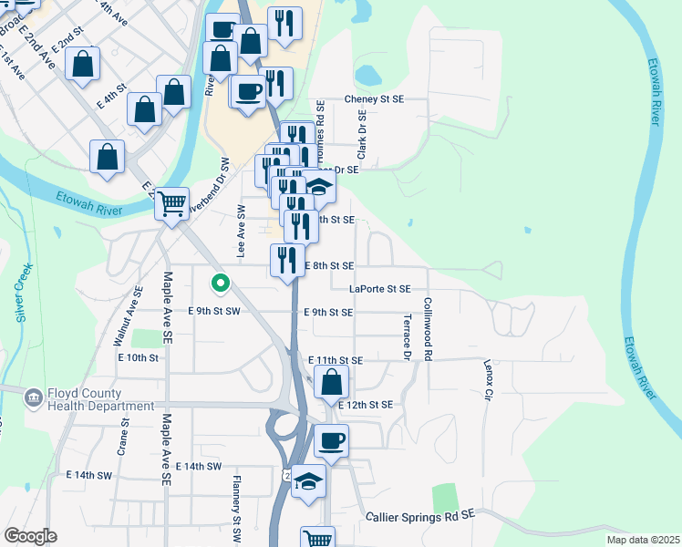map of restaurants, bars, coffee shops, grocery stores, and more near 418 East 8th Street Southwest in Rome