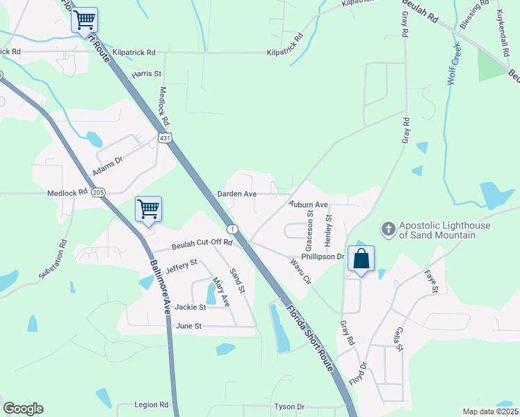 map of restaurants, bars, coffee shops, grocery stores, and more near 100 Blossomwood Drive in Albertville