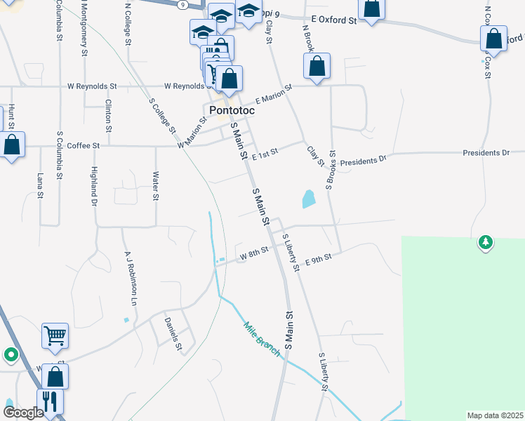 map of restaurants, bars, coffee shops, grocery stores, and more near 140 South Main Street in Pontotoc