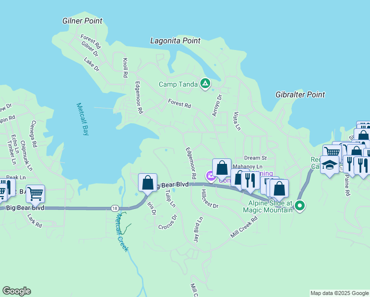 map of restaurants, bars, coffee shops, grocery stores, and more near 542 Edgemoor Road in Big Bear Lake