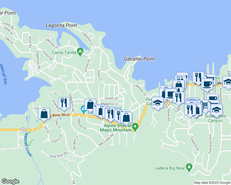 map of restaurants, bars, coffee shops, grocery stores, and more near 545 Wanita Lane in Big Bear Lake