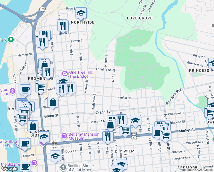 map of restaurants, bars, coffee shops, grocery stores, and more near 616 North 10th Street in Wilmington