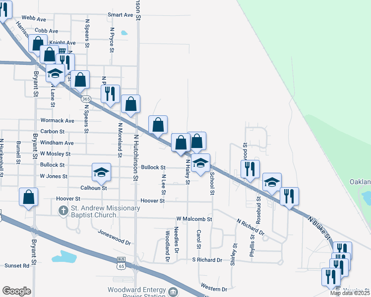 map of restaurants, bars, coffee shops, grocery stores, and more near 1505 North Haley Street in Pine Bluff