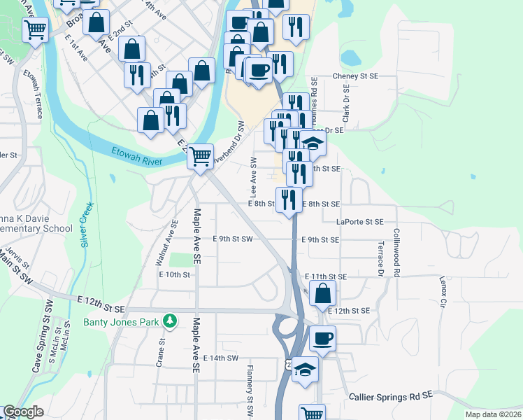 map of restaurants, bars, coffee shops, grocery stores, and more near 714 Lee Avenue Southwest in Rome