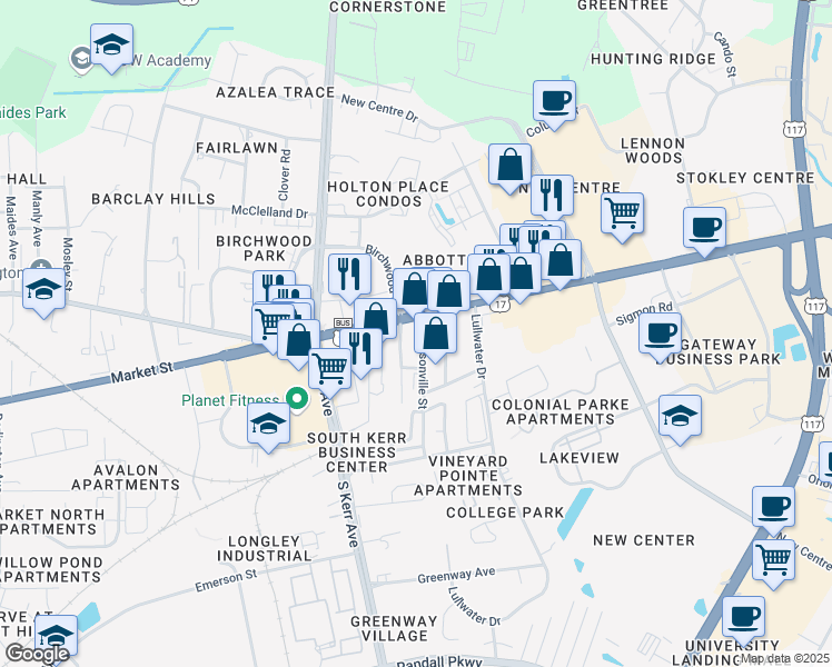 map of restaurants, bars, coffee shops, grocery stores, and more near 30 Jacksonville Street in Wilmington