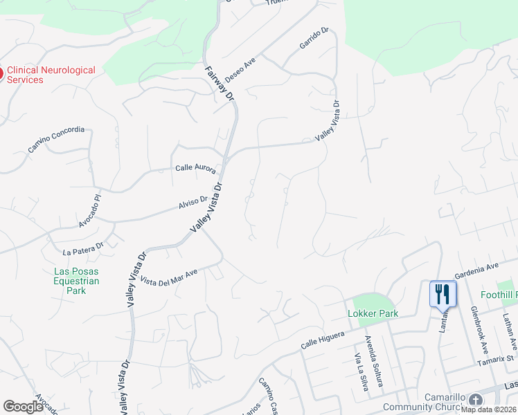 map of restaurants, bars, coffee shops, grocery stores, and more near 118 Cerro Crest Drive in Camarillo