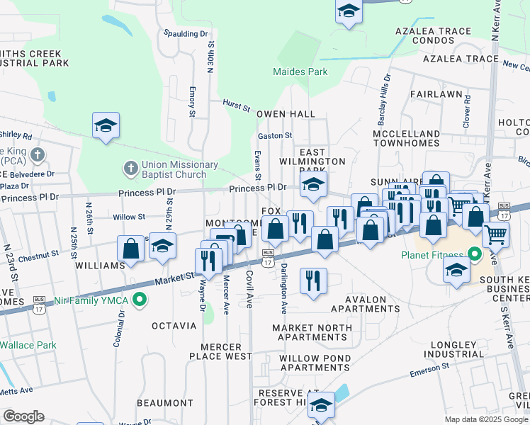 map of restaurants, bars, coffee shops, grocery stores, and more near 211 Clay Street in Wilmington