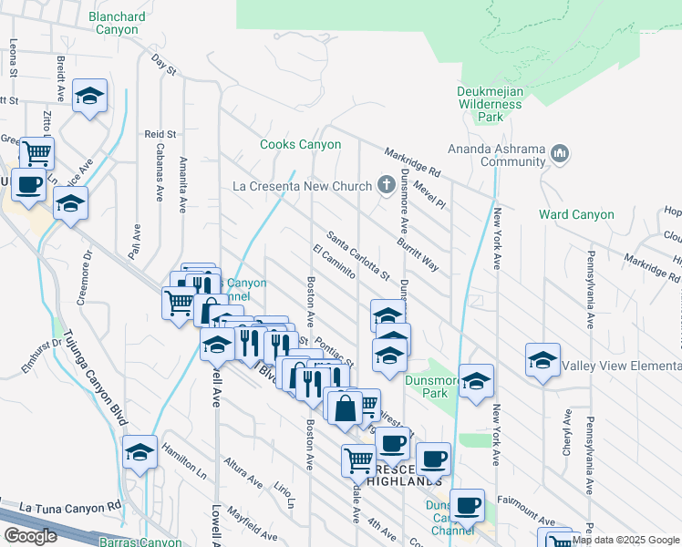 map of restaurants, bars, coffee shops, grocery stores, and more near 3716 El Caminito Street in Glendale