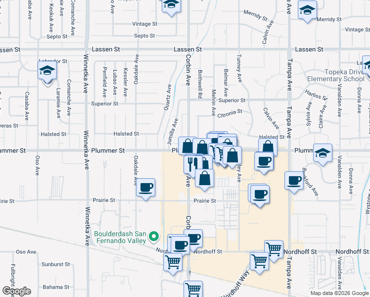 map of restaurants, bars, coffee shops, grocery stores, and more near 19734 Halsted Street in Chatsworth