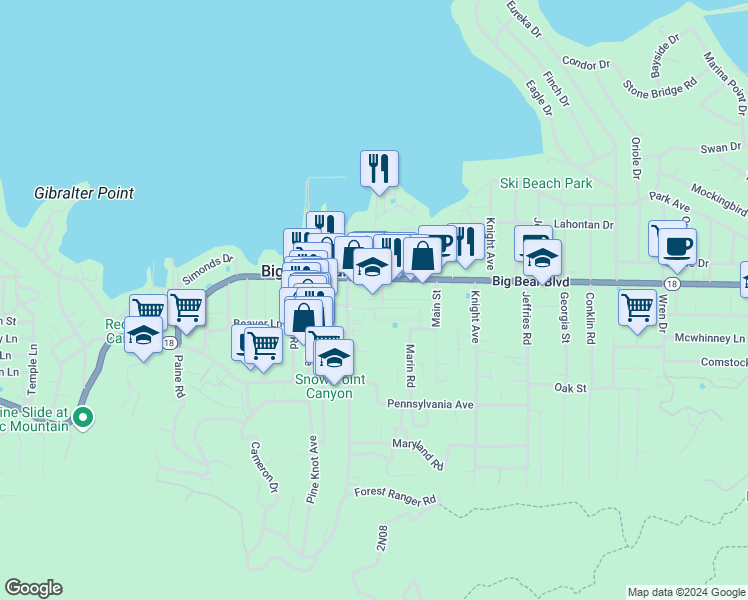 map of restaurants, bars, coffee shops, grocery stores, and more near 400 Pine Knot Avenue in Big Bear Lake