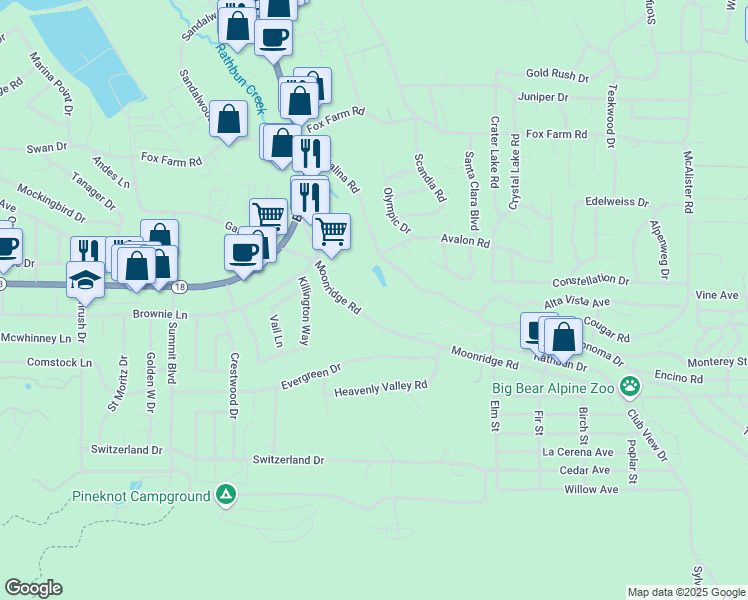 map of restaurants, bars, coffee shops, grocery stores, and more near 42268 Moonridge Road in Big Bear Lake