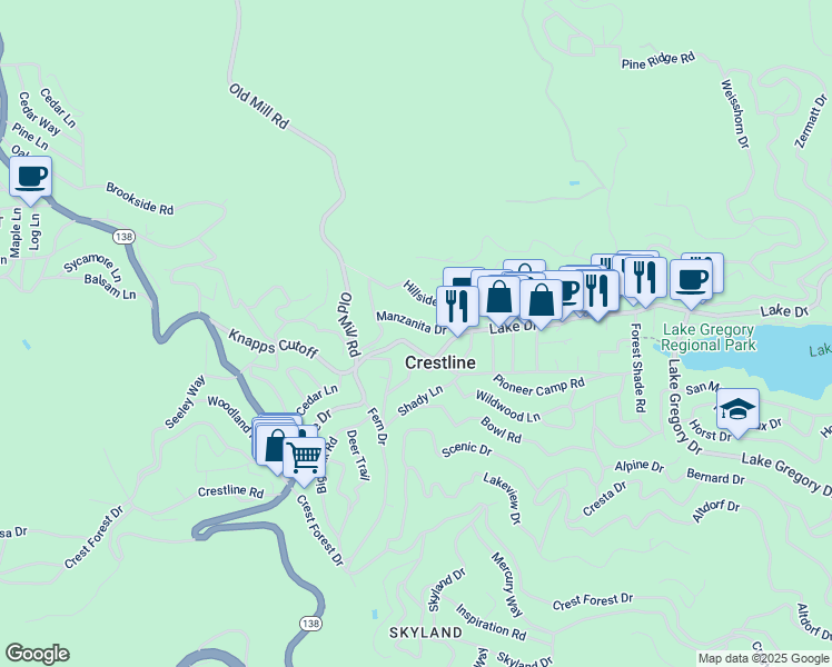 map of restaurants, bars, coffee shops, grocery stores, and more near 23689 Manzanita Drive in Crestline