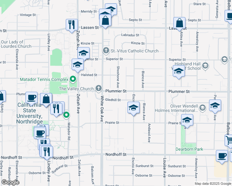 map of restaurants, bars, coffee shops, grocery stores, and more near 9453 Shoshone Avenue in Los Angeles