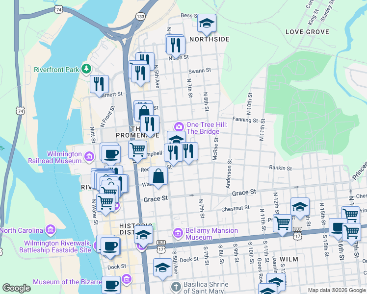 map of restaurants, bars, coffee shops, grocery stores, and more near 625 North 6th Street in Wilmington