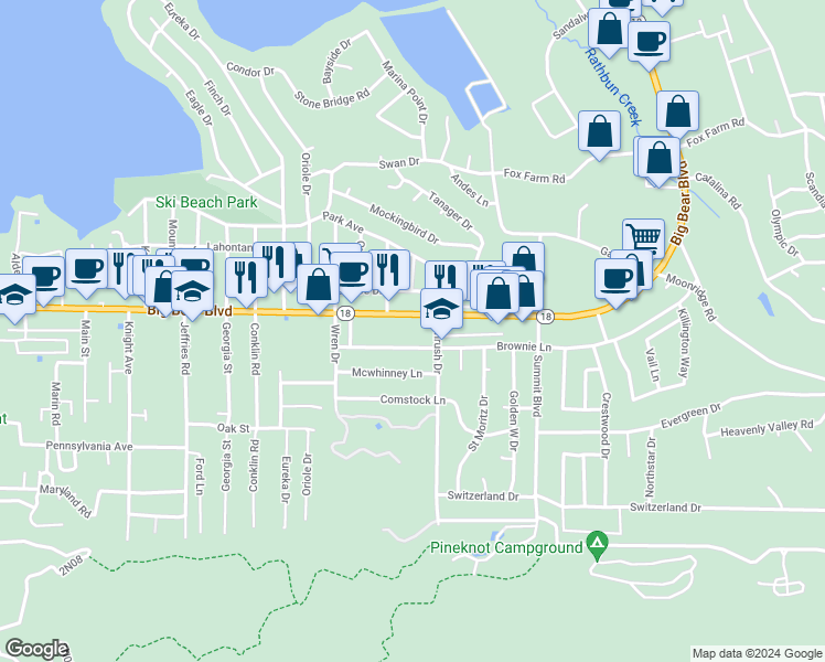 map of restaurants, bars, coffee shops, grocery stores, and more near 41656-41658 Big Bear Boulevard in Big Bear Lake