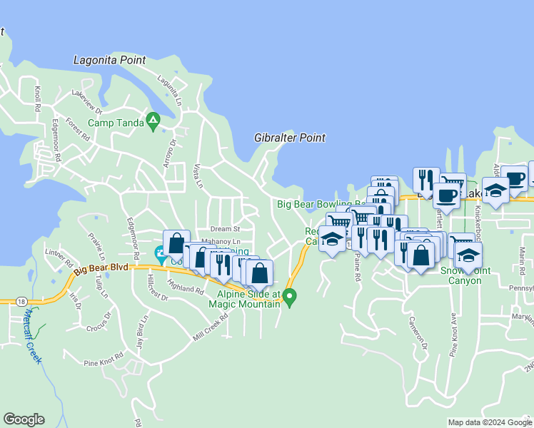 map of restaurants, bars, coffee shops, grocery stores, and more near 40341 Lakeview Drive in Big Bear Lake