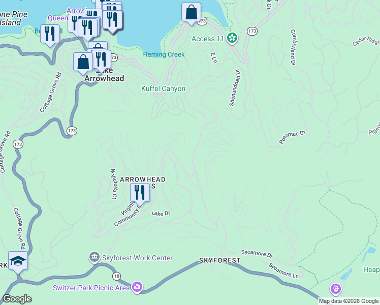 map of restaurants, bars, coffee shops, grocery stores, and more near 550 Stonehill Drive in Skyforest