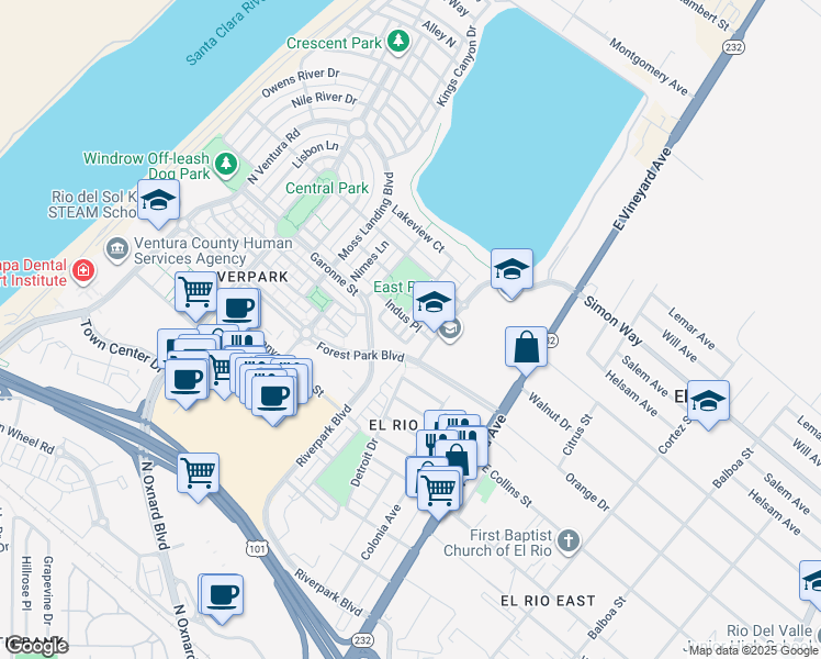 map of restaurants, bars, coffee shops, grocery stores, and more near 3064 Roia Lane in Oxnard