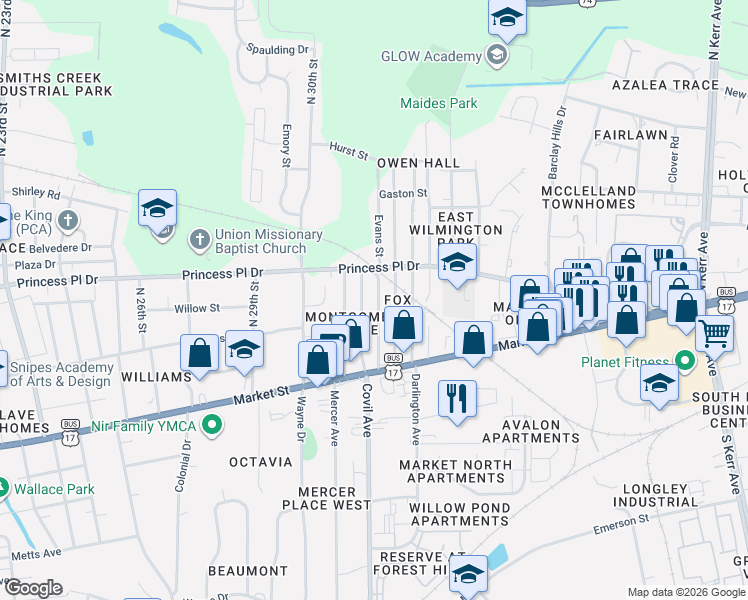 map of restaurants, bars, coffee shops, grocery stores, and more near 223 Evans Street in Wilmington
