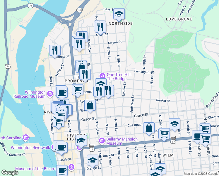 map of restaurants, bars, coffee shops, grocery stores, and more near 616 North 7th Street in Wilmington