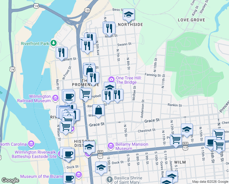 map of restaurants, bars, coffee shops, grocery stores, and more near 625 North 6th Street in Wilmington