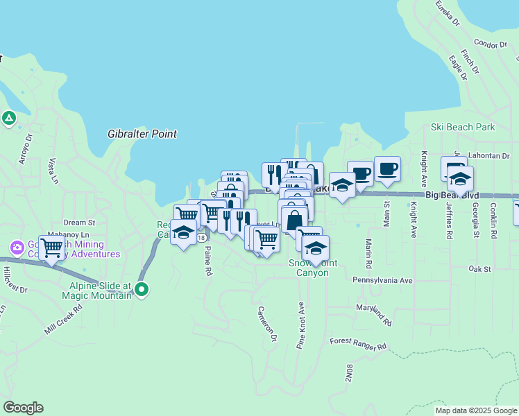 map of restaurants, bars, coffee shops, grocery stores, and more near 533 Badger Lane in Big Bear Lake