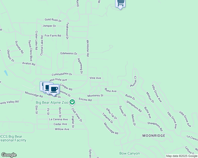 map of restaurants, bars, coffee shops, grocery stores, and more near 1130 Vine Avenue in Big Bear