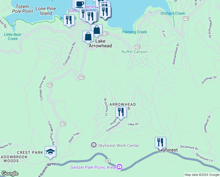 map of restaurants, bars, coffee shops, grocery stores, and more near 579 East Victoria Court in Lake Arrowhead