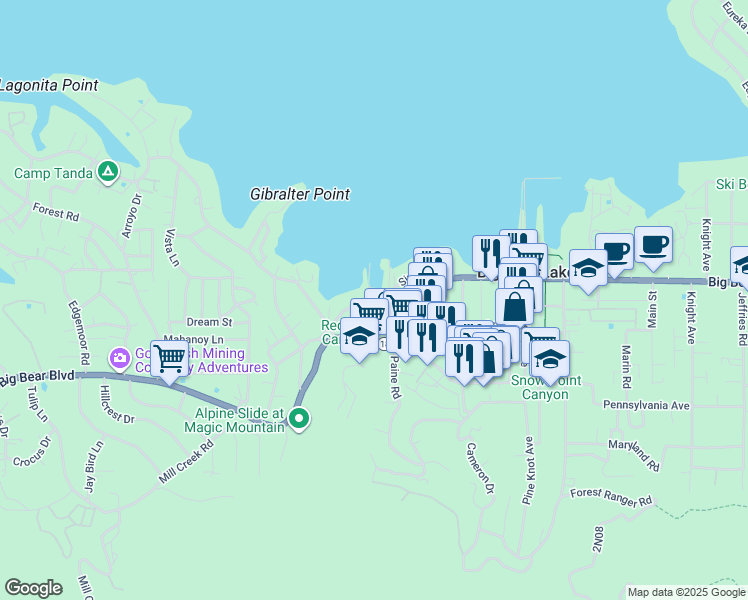 map of restaurants, bars, coffee shops, grocery stores, and more near 500 Paine Road in Big Bear Lake