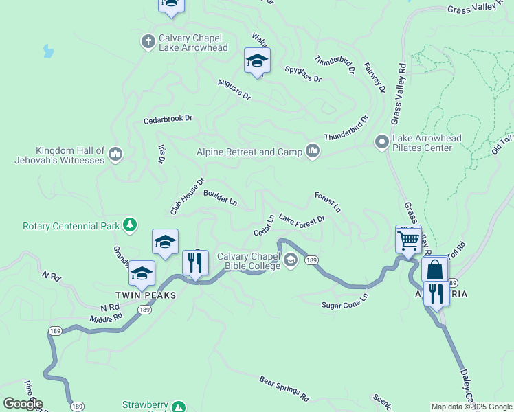 map of restaurants, bars, coffee shops, grocery stores, and more near 26287 Lake Forest Drive in Twin Peaks
