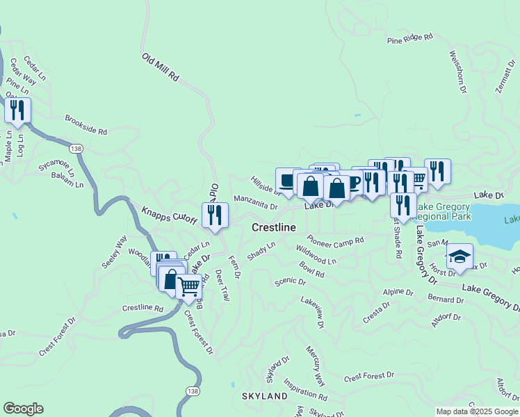 map of restaurants, bars, coffee shops, grocery stores, and more near 23689 Manzanita Drive in Crestline