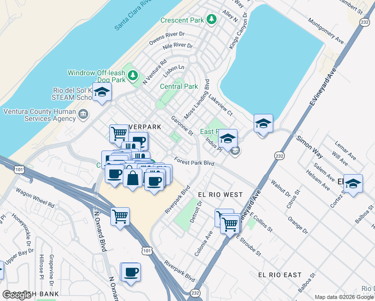 map of restaurants, bars, coffee shops, grocery stores, and more near 427 Flathead River Street in Oxnard
