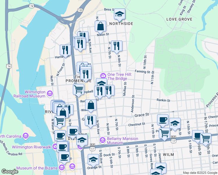 map of restaurants, bars, coffee shops, grocery stores, and more near 613 Campbell Street in Wilmington