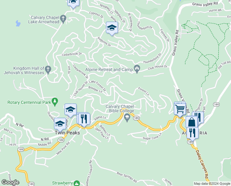 map of restaurants, bars, coffee shops, grocery stores, and more near 26325 Lake Forest Drive in Twin Peaks