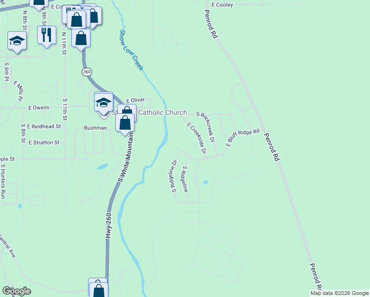 map of restaurants, bars, coffee shops, grocery stores, and more near 1940 East Bluff Ridge Road in Show Low