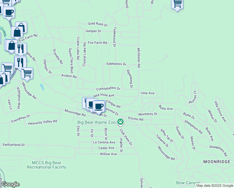 map of restaurants, bars, coffee shops, grocery stores, and more near 42768 Alta Vista Avenue in Big Bear Lake