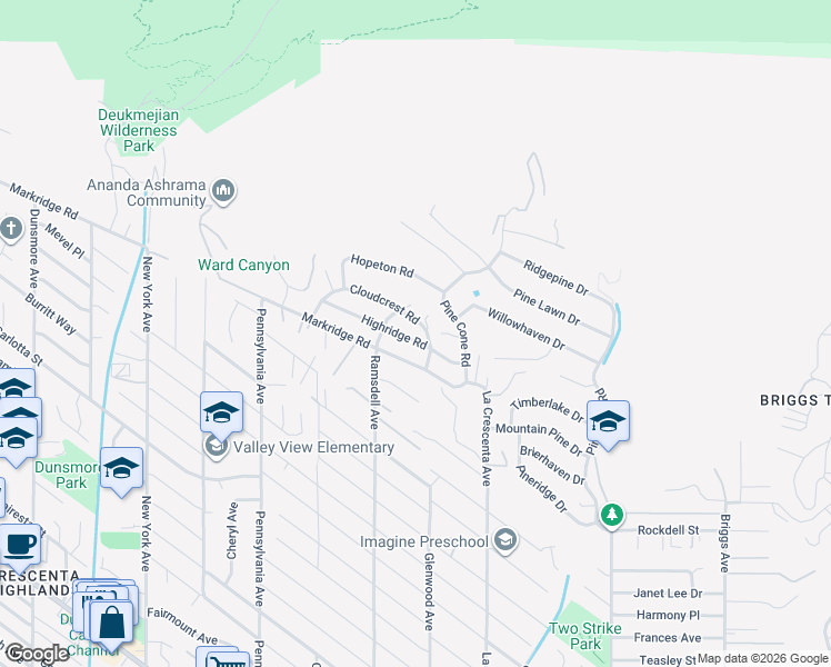 map of restaurants, bars, coffee shops, grocery stores, and more near 2917 Highridge Road in La Crescenta-Montrose