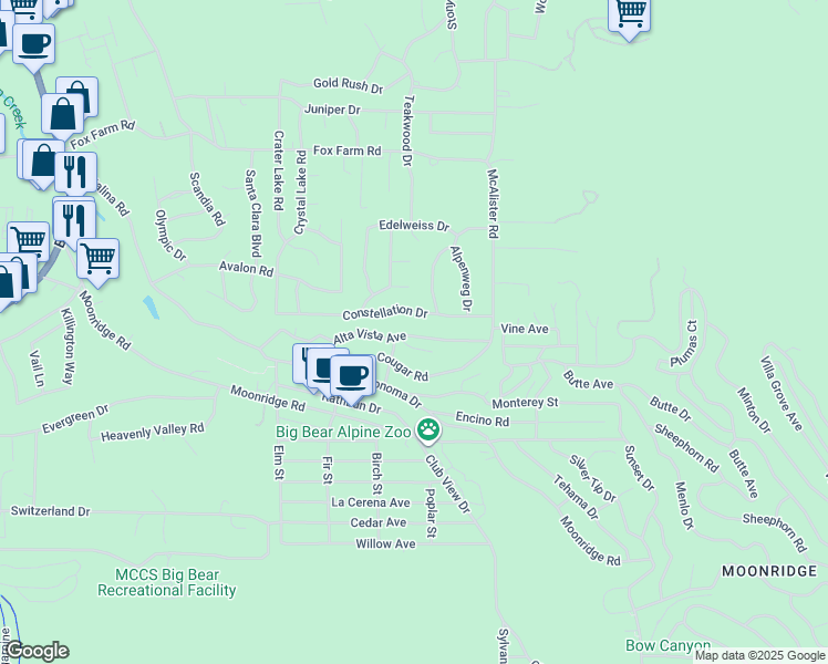 map of restaurants, bars, coffee shops, grocery stores, and more near 42768 Alta Vista Avenue in Big Bear Lake